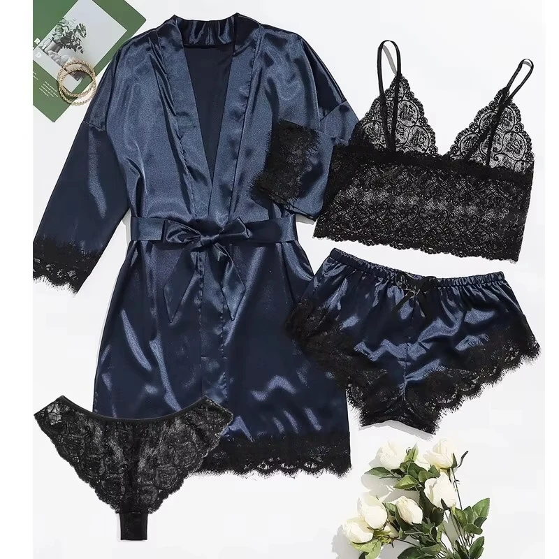 Women Pajamas Set 4 Pieces Summer Sexy Pajama Pants Lace Satin Silk Sleepwear Robe Nightwear