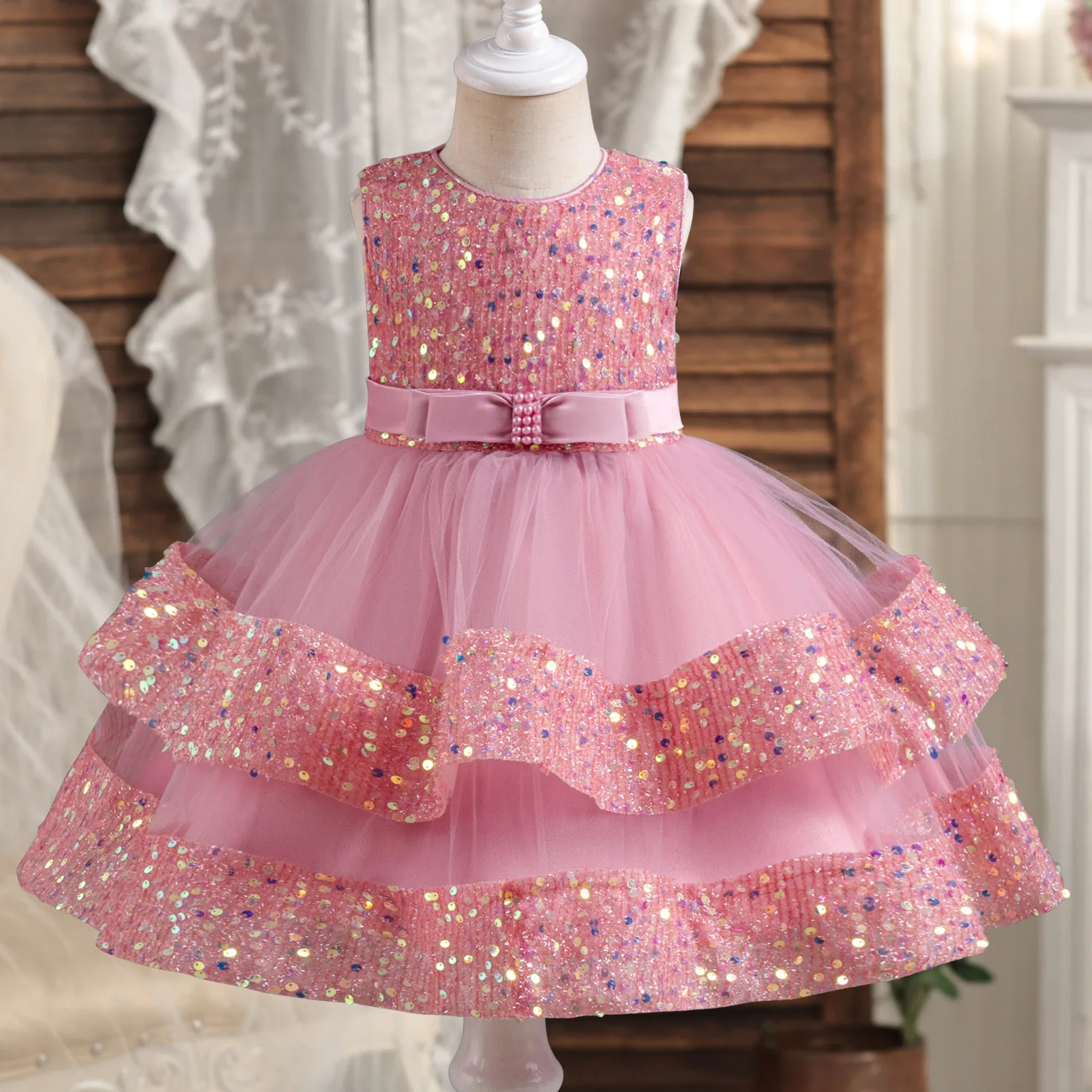 

Teenager Sequins Girls Princess Dress Summer Sleeveless Fashion Wedding Christmas Party Trailing Dress 2-6 Years Kids Clothes