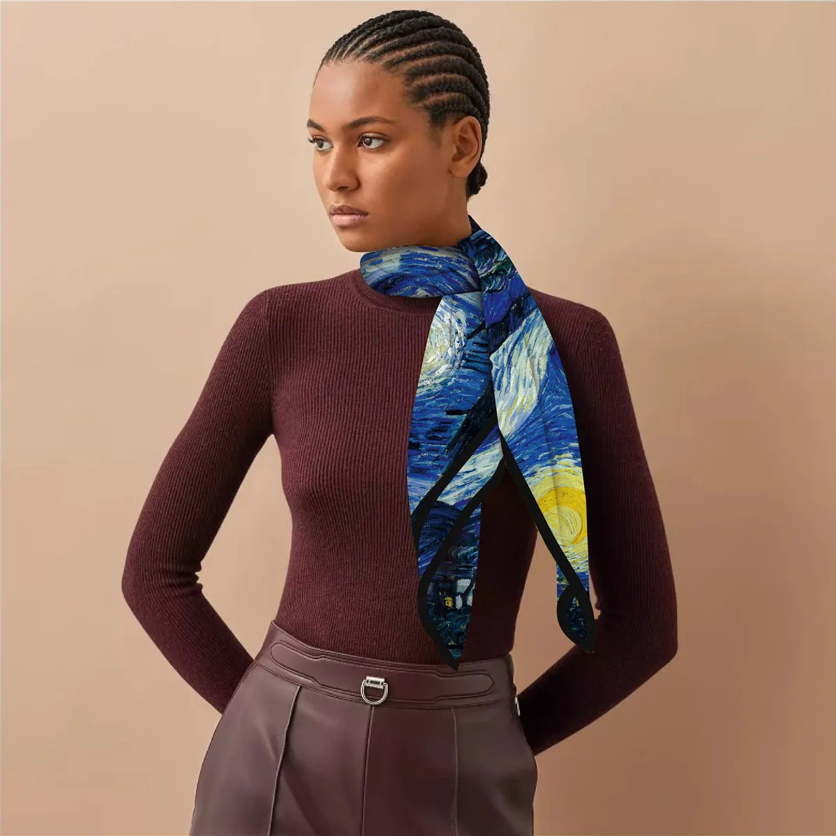 90cm Starry Sky Imitation Twill Fashion Silk Scarf Square Women Hijab Bandana Foulard Head Scarf Van Gogh Oil Painting Kerchief 4