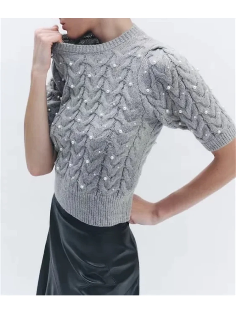 

Women Casual O-Neck Short Sleeve Spring Gray Elastic Short Sweaters Fashion Pearls Decoration Girl's Knitted Slim Pullover Tops