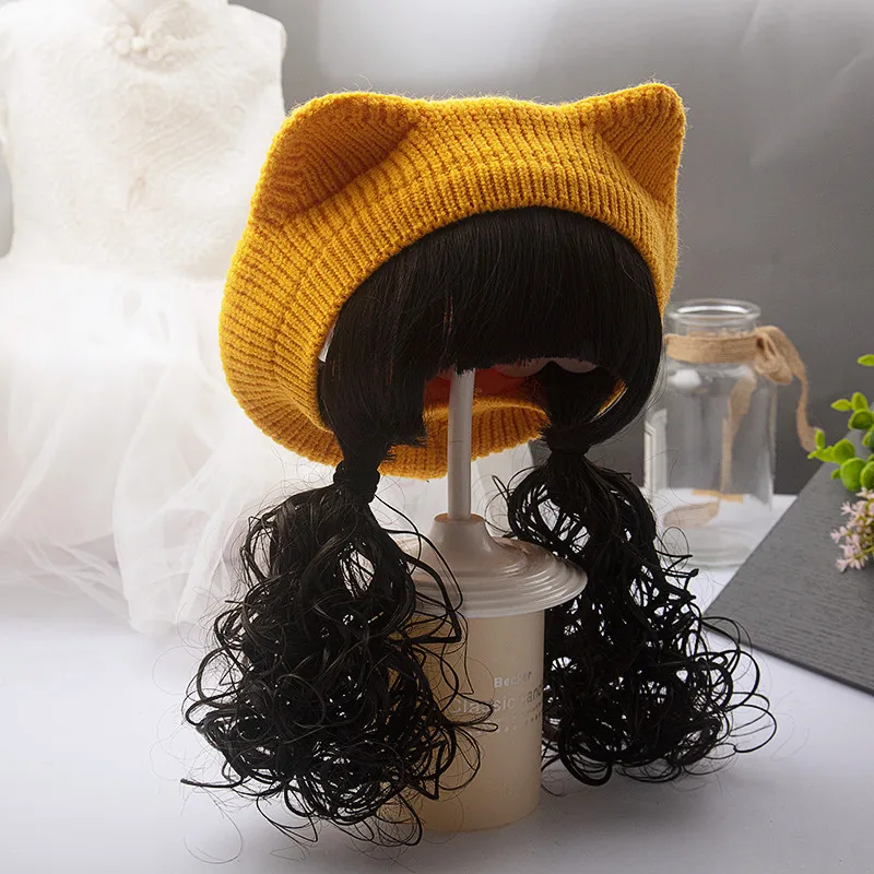 Kid Girls Knit Beret Hat Long Hair Braid Cap Daily Synthetic Children Baby Hats Winter Warm Outdoor