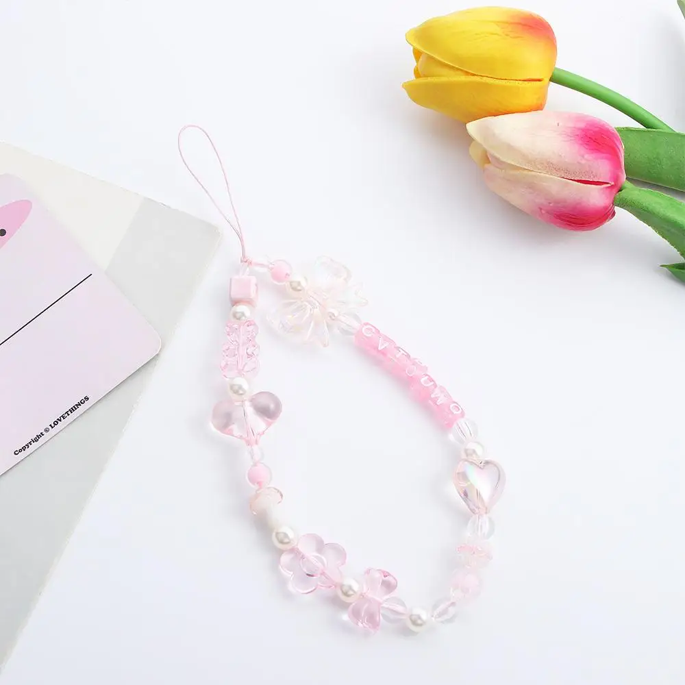 Pink Beaded Acrylic Phone Charm Wrist Strap Lanyard