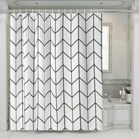 Modern Art Geometric Shower Curtain Set Herringbone Design Black White Striped Wall Cloth Decor Bathroom Polyester Curtains Hook 1
