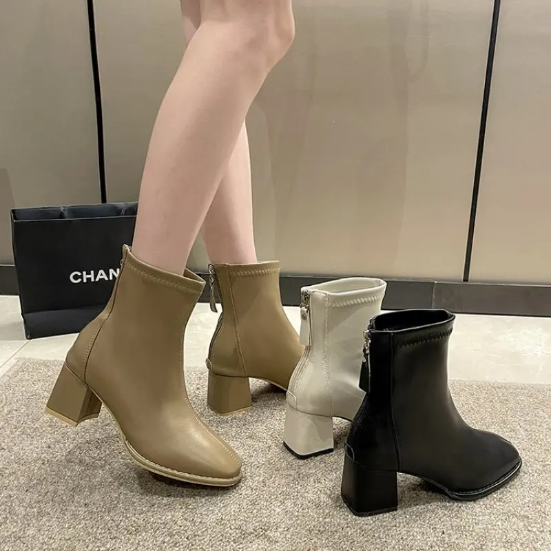 2023 Ankle Boots for Women Square Toe Fashion Shoes Autumn Winter Short Boots Zipper Square Heels Comfortable Lady Casual Shoes