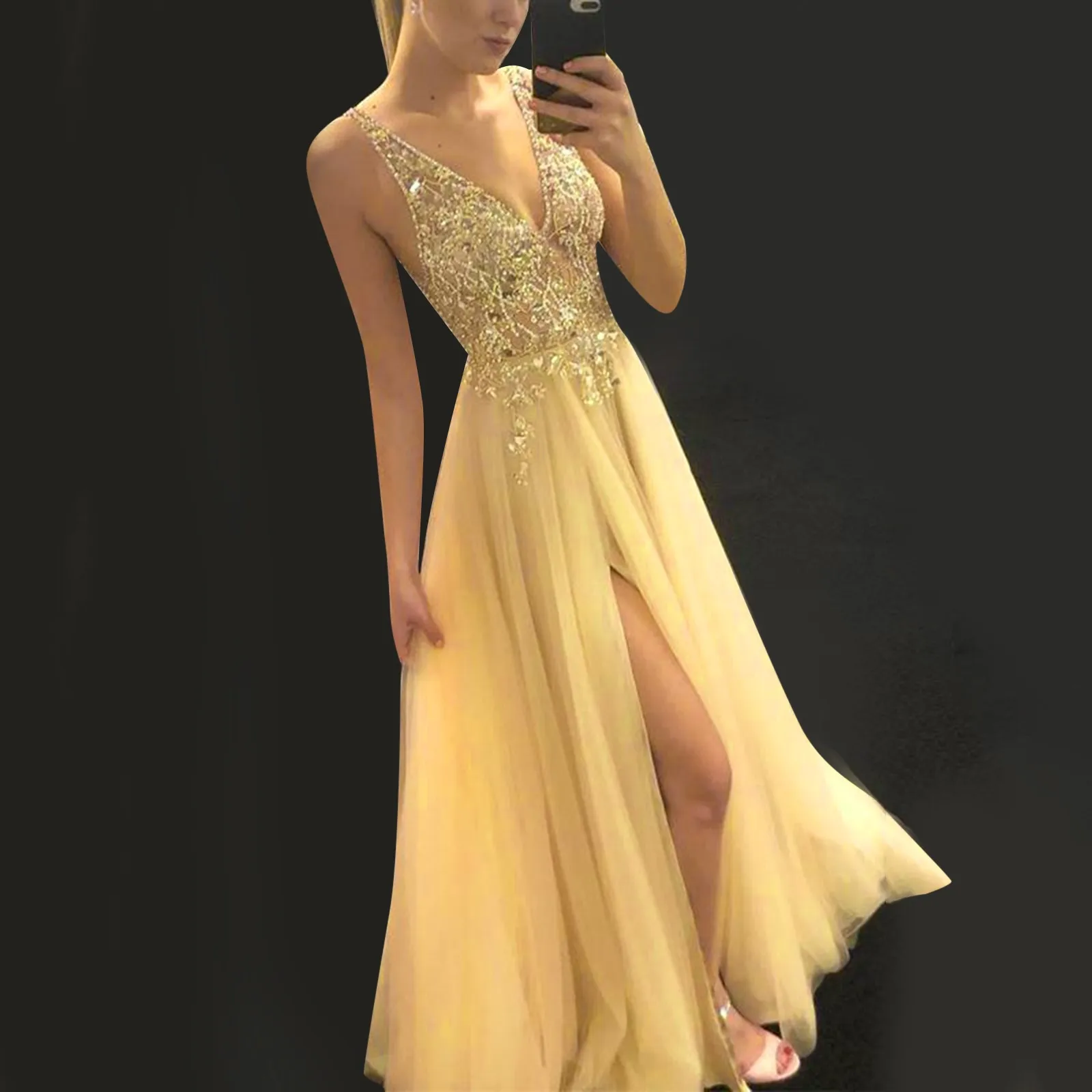 Deep-V-Neck-Slim-Waist-Women-S-Dress-Slim-Sequins-Sexy-Swing-Female ...