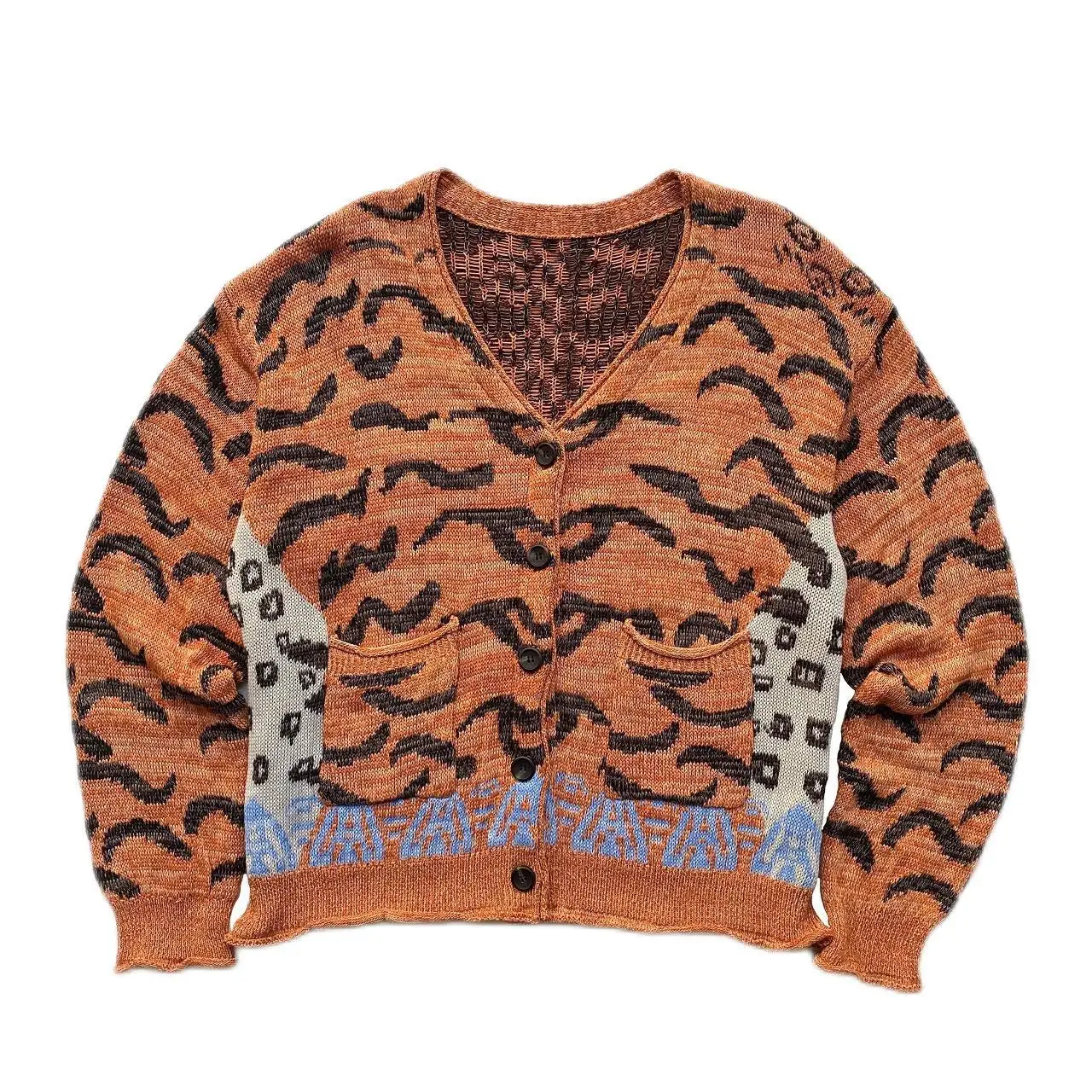 Japan Kapital Vintage Casual Tiger Leopard Print Long Sleeve Sweaters Loose V neck Men's and