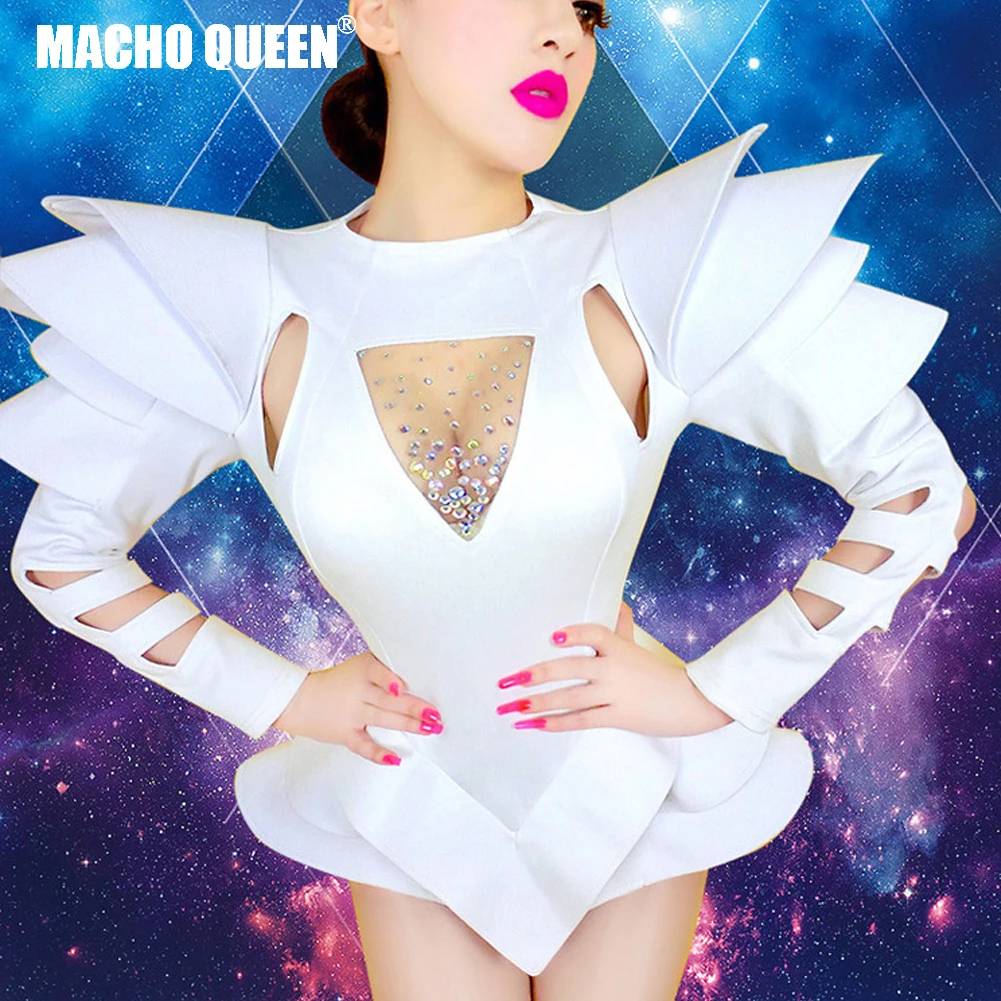 One Piece Bodysuits Female Singer Drag Queen Show Dance Costumes Stage Wear White Rhinestones girl dance costume,sequins dress,women ballroom leotard,ladies belly dance costume