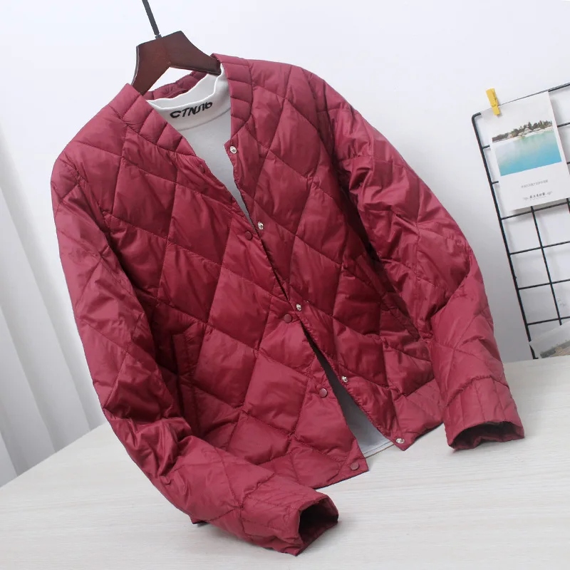 

2023 Thin Lightweight Short Type down Jacket Women's Baseball Uniform plus Size Slim Fit Diamond Lattice White Duck down Coat So