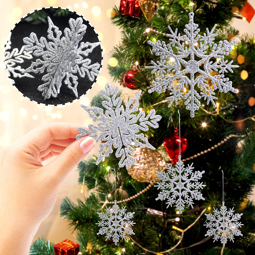 40pcs/Set Christmas Snowflake Ornaments Silver Glitter Plastic Artificial Snow Flakes Ornaments for Winter Xmas Tree Decorations