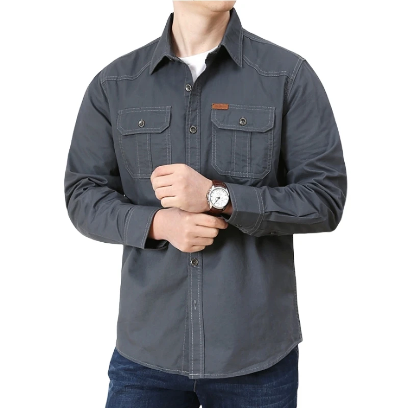 Spring Autumn Men's Casual Loose Fitting Lapel Long Sleeve Workwear Shirt Oversized Solid Color Pure Cotton Multi Pocket Shirts