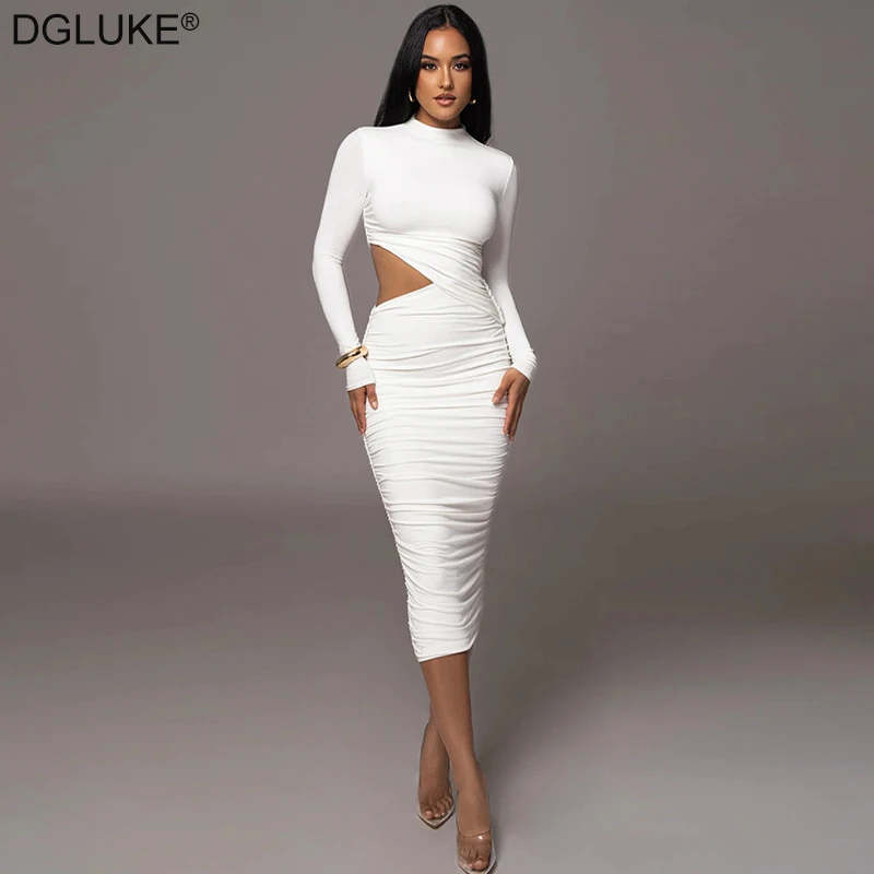 

Long Sleeve White Midi Dress Woman Cut Out Ruched Bodycon Long Dress Elegant Autumn Winter One Piece Dresses Black