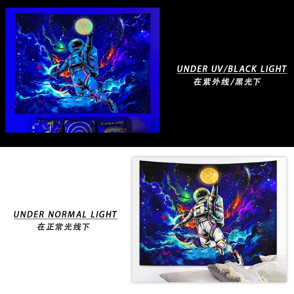 Tapestry decorations 1pc Astronaut space fluorescent tapestry, UV black light space alien tapestry, cool galaxy starry sky hanging