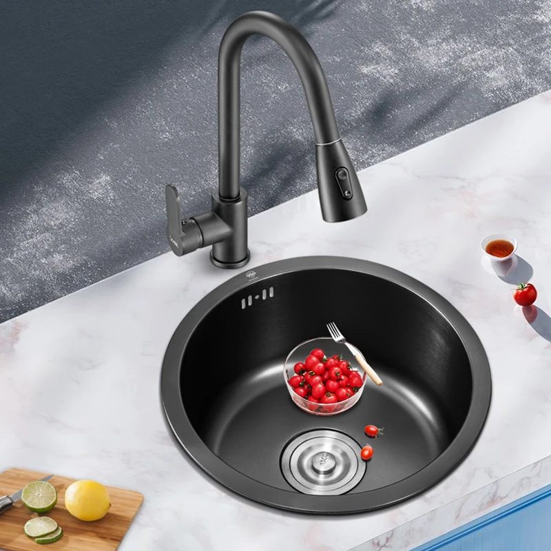 Stainless Steel Kitchen Sink Round Bar Counter Single Slot Black Nano Basin with Drain Accessories Home Improvement Decoration