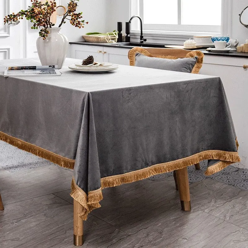 無地タッセルオランダベルベットテーブルクロスグリーンダイニング