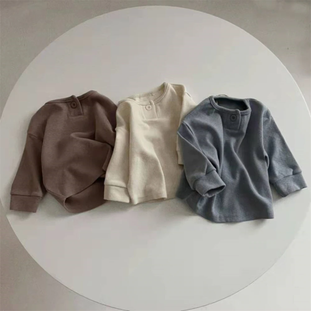 Spring Autumn Baby Tops Newborn Boy Fashion Long Sleeve Tops Solid O-neck infant Boy Girl T-Shirt Child Clothes 0 to 2 Year