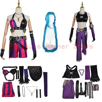 Game LOL Arcane Loose Cannon Jinx Cosplay Costume Crit Loli Jinx Cosplay Wig Outfit  Wig Sexy Women Carnival Costume