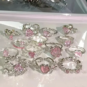 Anelli di cristallo regolabili Y2K Rosa Geometria irregolare Vintage Bowknot Cuore Anello Set per le donne Ragazza 2023 Nuovo regalo gioielli di moda 1