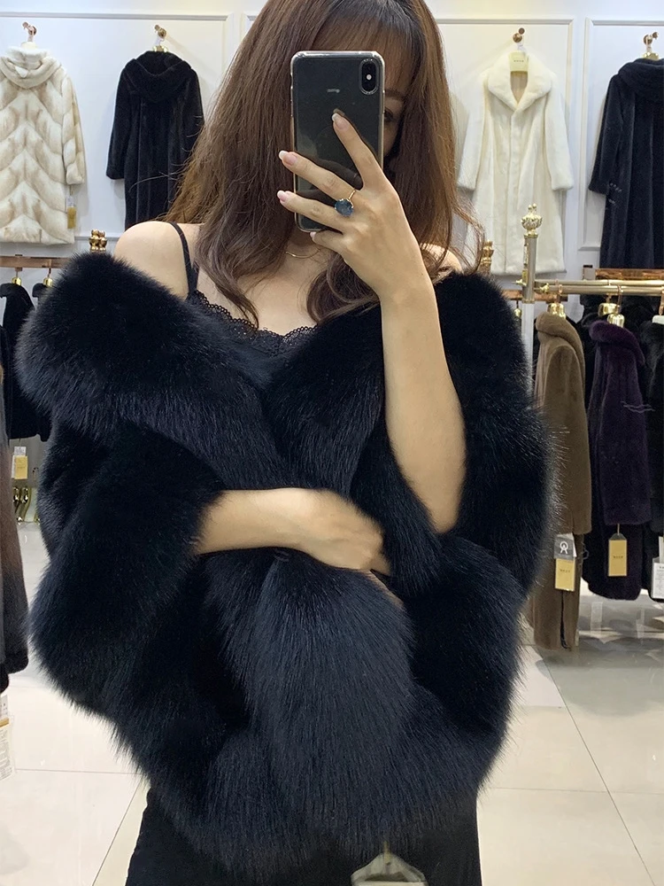 Fur Shawl Women's Solid Color Loose Thick Warm Cloak Cheongsam Wedding White Mink Mink Coat V-neck Fur Collar Winter Short Chic