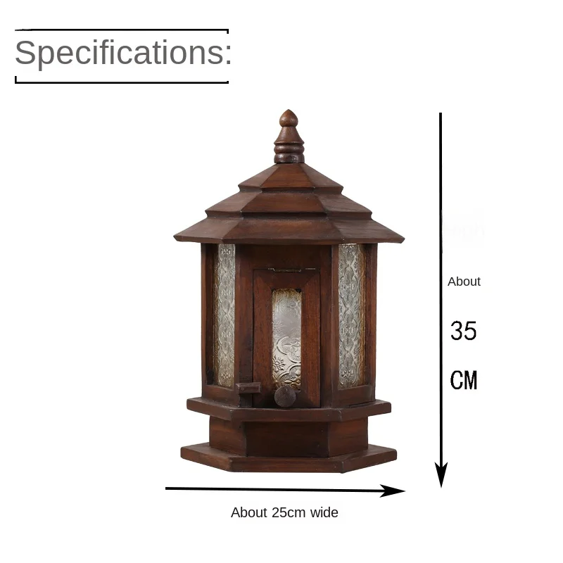 Natural Solid Wood Table Lamp, Thai Pattern Glass Round Bulb Interface, Pure Handmade Distressed Eco Friendly Wood, Garden Lamp