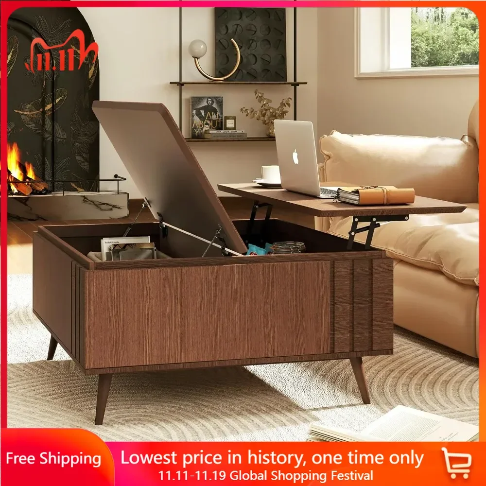 Lift Top Coffee Table with Storage and Hidden Compartment, Wooden Lift Tabletop, Mid Century Modern Wood Coffee Table