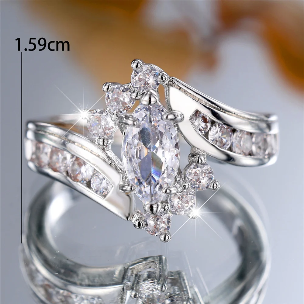 Charm Female White Zircon Stone Finger Engagement Ring Vintage Silver Color Wedding Band Bridal Jewelry For Women