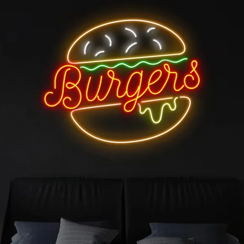 

Hamburger Neon Sign Burger Neon Signs Fast Food Custom Open Shop Neon Led Sign for Restaurant Kitchen Store Wall Decor Logo