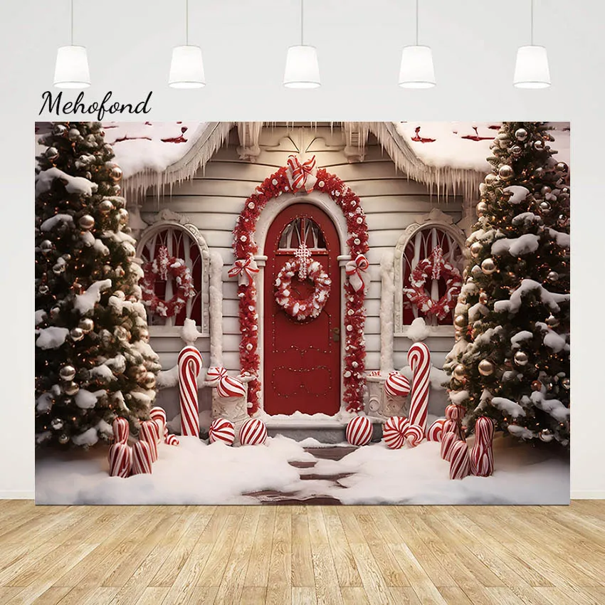 

Mehofond Christmas Red Door Backdrop House Xmas Tree Winter Decoration Photography Background Snow Children Photo Studio Props