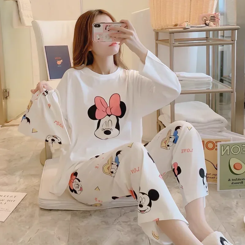 ディズニー-女性用ミッキーマウスシルクパジャマセット,長袖