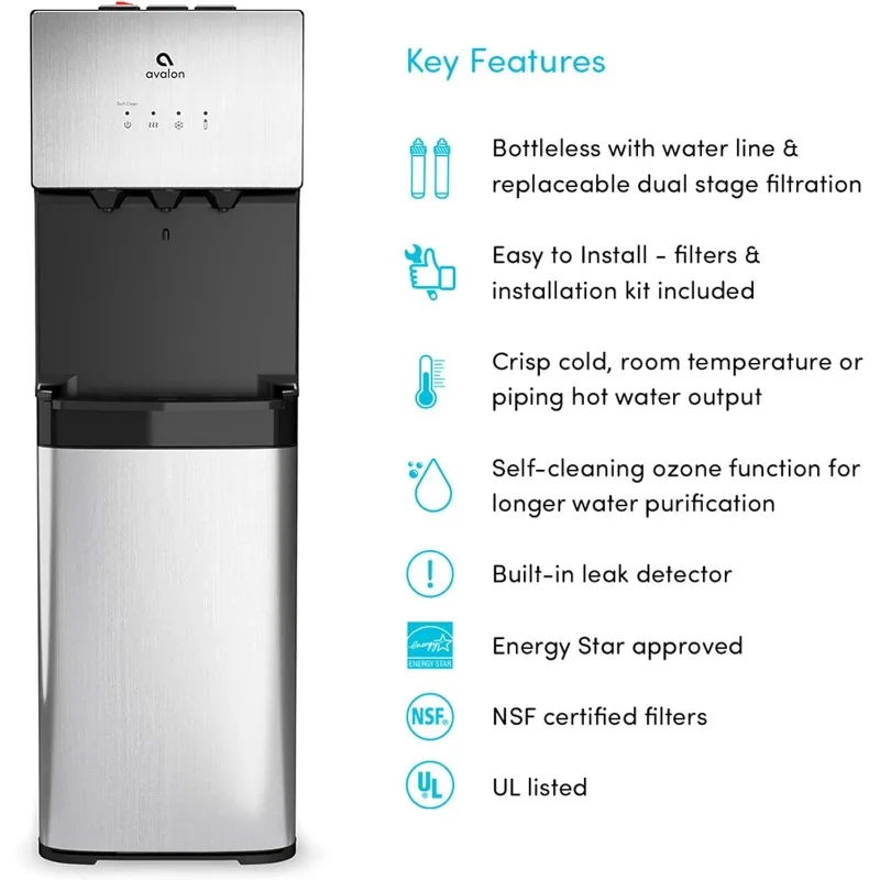 Avalon Self Cleaning Bottleless Water Cooler Water Dispenser - 3 Temperature Settings - Hot Cold & Room Water Durable Stainless 2
