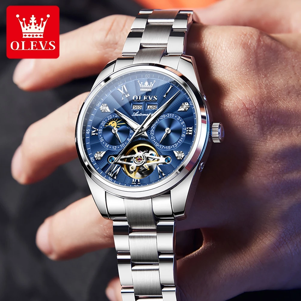 OLEVS 7028 Men Automatic Watch Top Brand Hollow Moon Phase Mechanical Watch For Men Auto Date Original Luxury Men's Wristwatch