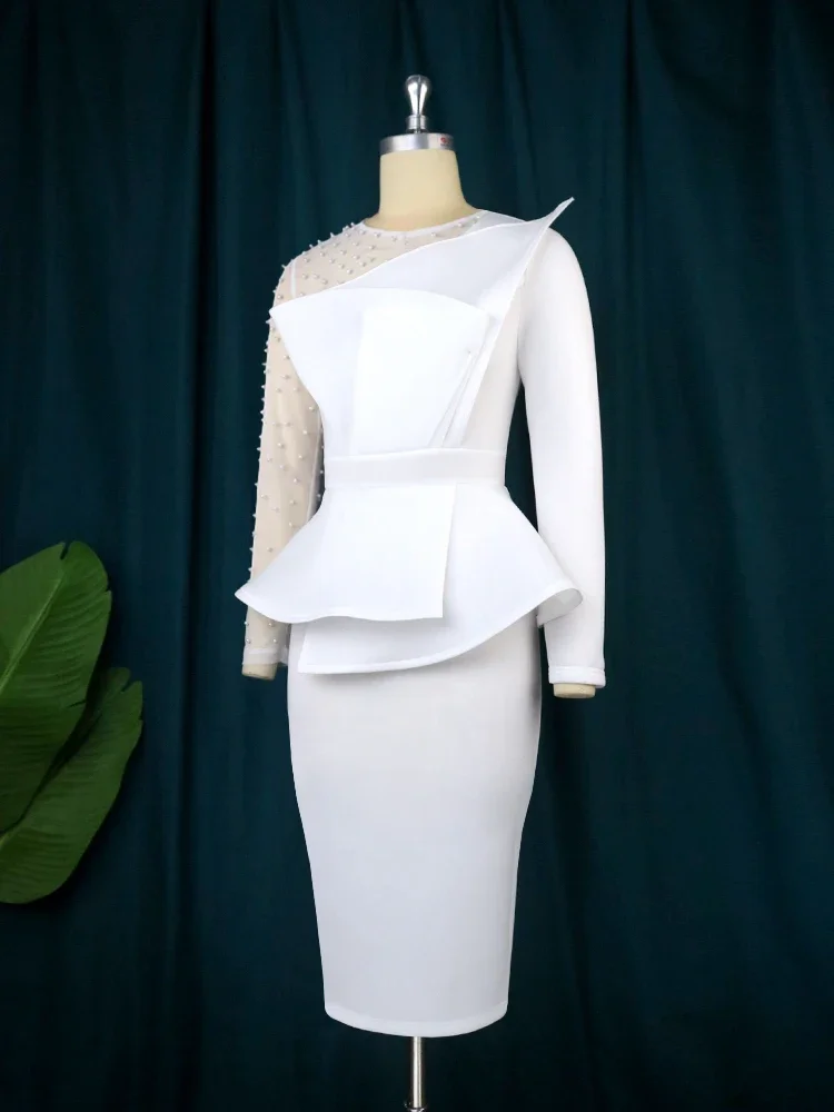 Fleepmart Bodycon Dress Solid Color O-Neck Beaded Long Sleeve High Waist Peplum Womens Queue Cocktail Venue Evening Dress 2024 New