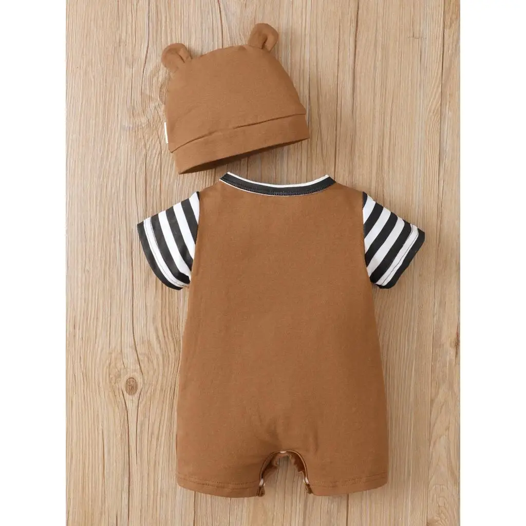 Newborn Baby Striped Shoulder Strap Teddy Bear Jumpsuit+Hat For Summer Boys And Girls Aged 0-2 Years infant romper