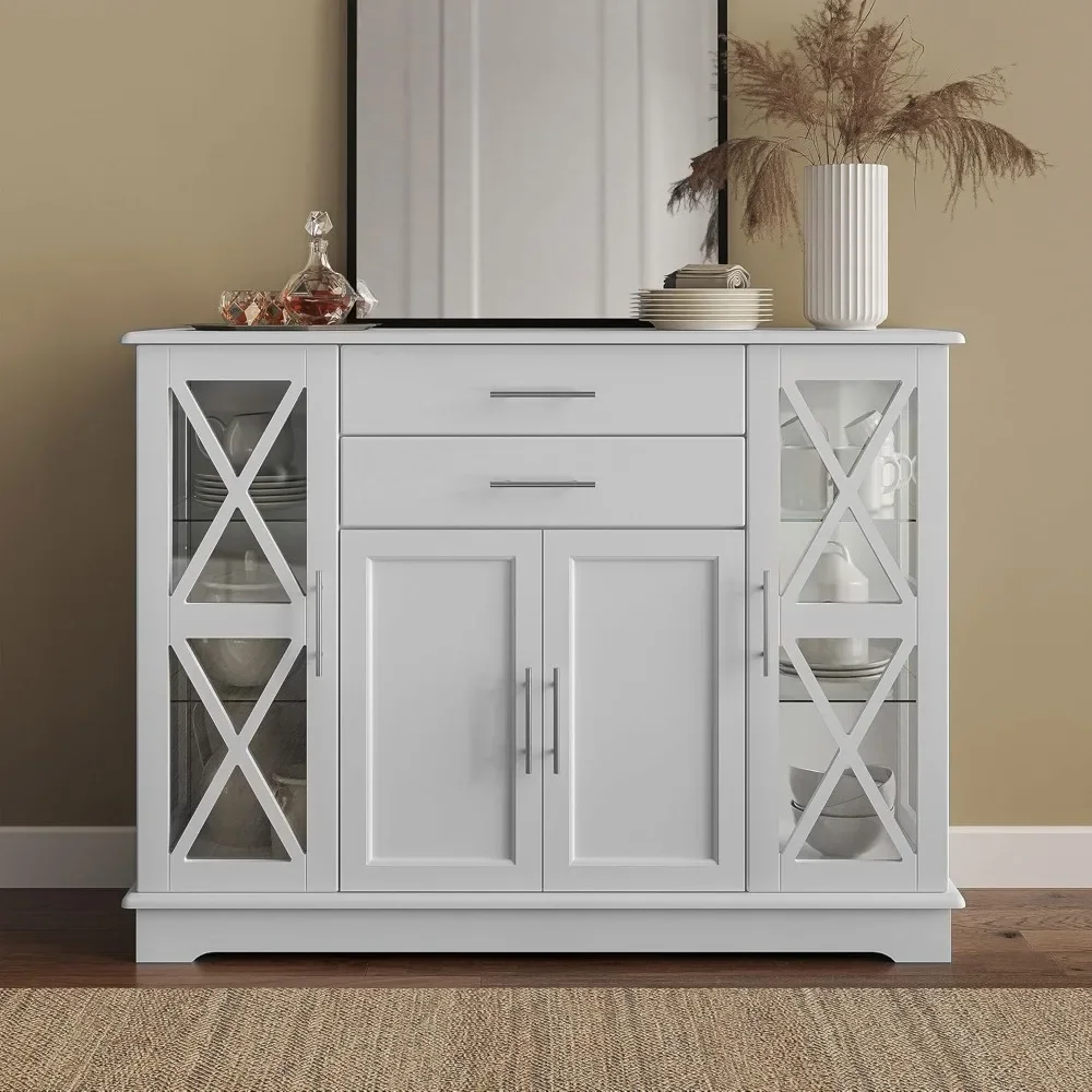 47 Inch Storage Console Table Coffee Bar Kitchen Cupboard Pantry Glass Display Cabinet for Lving Entry