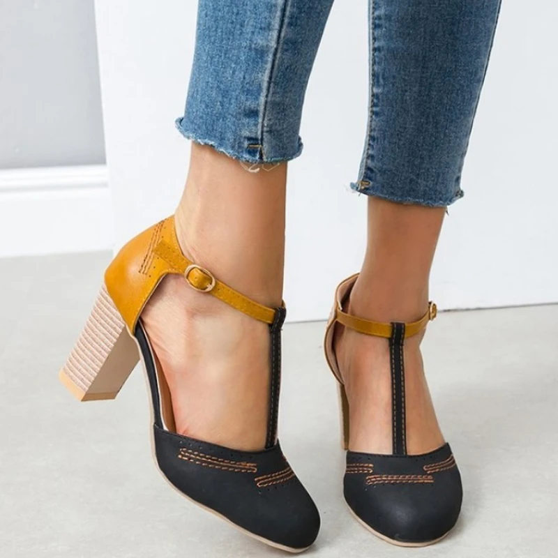 Zapatos de tacón alto para mujer, plataforma cuadrada, punta redonda, tacón cuadrado atado en T, zapatos de vestir de boda - Image 2