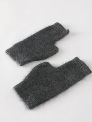 Luxurious Mink Cashmere Fingerless Gloves - Warm Wool Mittens with Thumb Hole - One Size (11 Dark Gray)