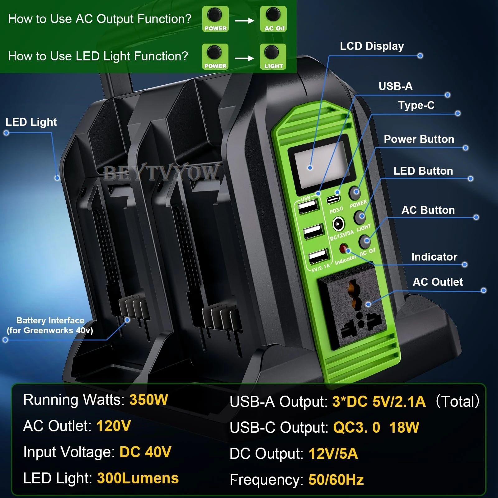 Power Inverter for Greenworks 40V Battery 350W DC 40V to AC 120V Power Station P