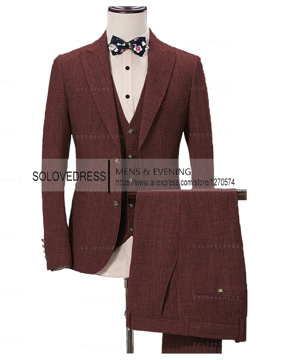 Men's 3-Piece Linen Suit Casual Slim Fit Vintage Suits Groomsmen Tuxedo Wedding Blazer Pants Set 3