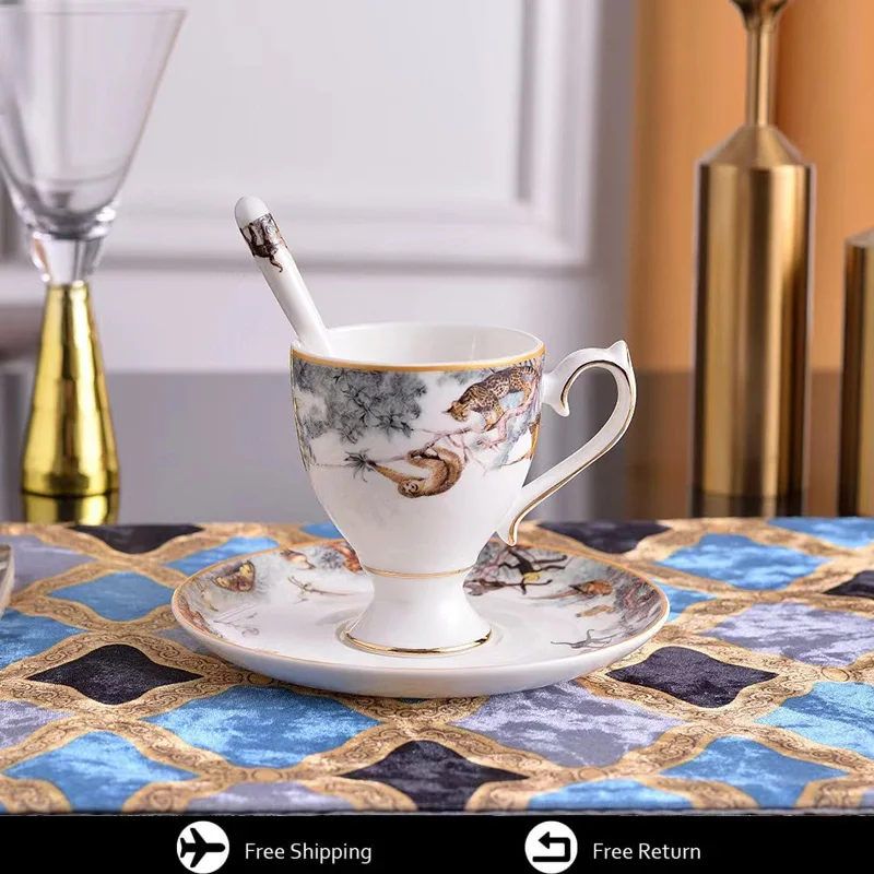 

European Luxury High Foot Coffee Cup and Plate with Spoon Matu Ceramic 150ml Exquisite Tea Cup, Birthday Party Beverage Set