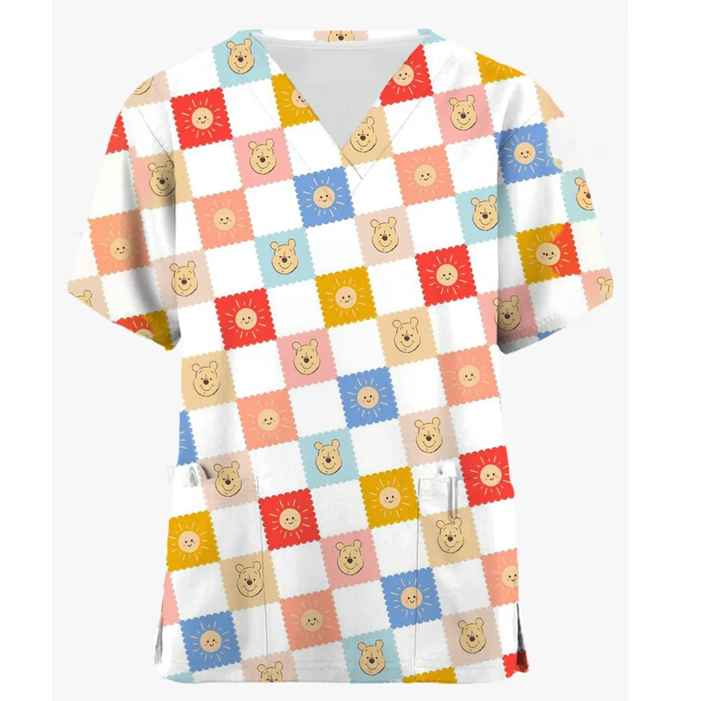 thumbnail image 1 of 2024 Blusas de uniforme médico para el día de Pascua para mujer, blusa con cuello en V de Disney Winnie the Pooh, camisetas de trabajo para enfermeras, blusa con bolsillos, 1 of 5
