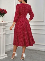 Women's Burgundy White Polka Dot Midi Dress V-Neck 3/4 Sleeves A-Line Spring Summer Elegant Vintage Daily Party Dress - Image 2