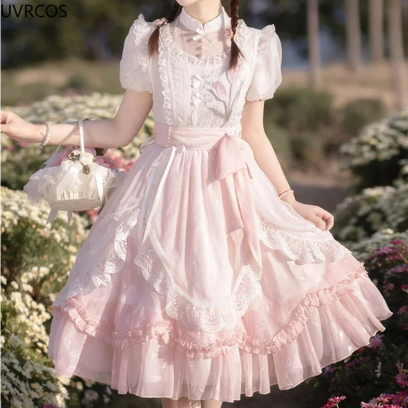 

Женское платье в стиле «лолита», розовое платье в китайском стиле Харадзюку с короткими рукавами-фонариками и вышивкой в виде тюльпанов