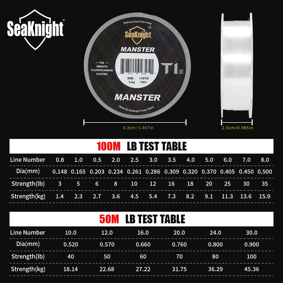 Fishing Line Fluorocarbon Coating Nylon Monofilament Sinking 3-100LB 100M 50M SeaKnight T1II Series