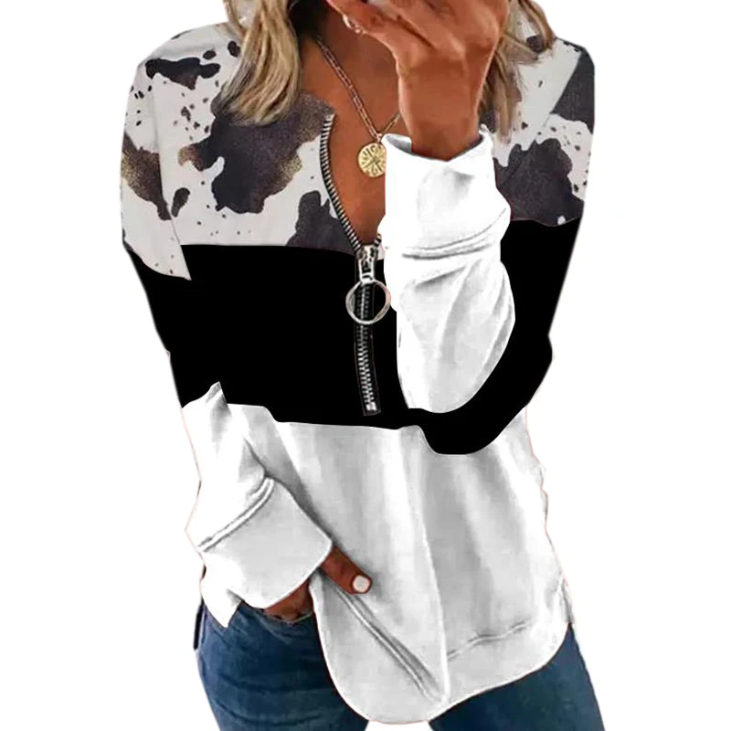 Fashion Women Zipper Sweatshirts Spring Autumn Long Sleeve Casual Loose Patchwork Pullovers Chic Printed Tops Blusas Female 5XL