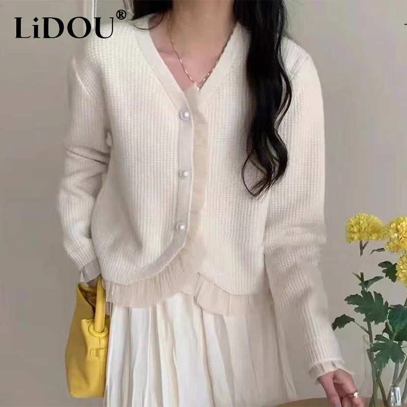 

Autumn Winter Elegant Fashion Mesh Patchwork Knitted Cardigan Lady Sweet Buttons All-match Casual Sweater Coat Ruffles Top Women
