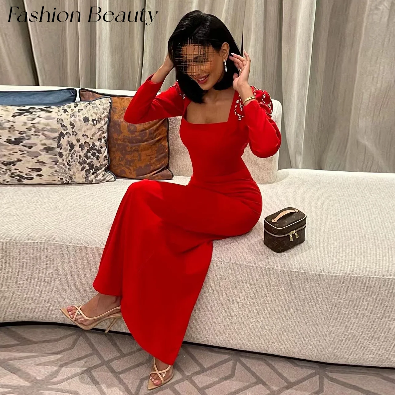 

Fashion Beauty Red Evening Dresses Square-Neck Back Slit Crystal Wedding Party Guest Dress For Women 2024 vestidos de gala mujer
