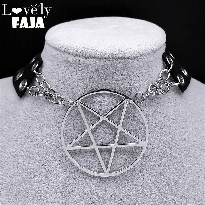 

Gothic Inverted Pentagram Necklace Women Leather Chain Pentacle Silver Color Harajuku Choker Stainless Steel Necklaces Jewelry