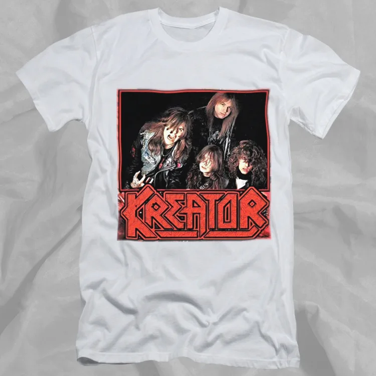 

Белая футболка в стиле ретро с изображением участников группы Kreator 90-х