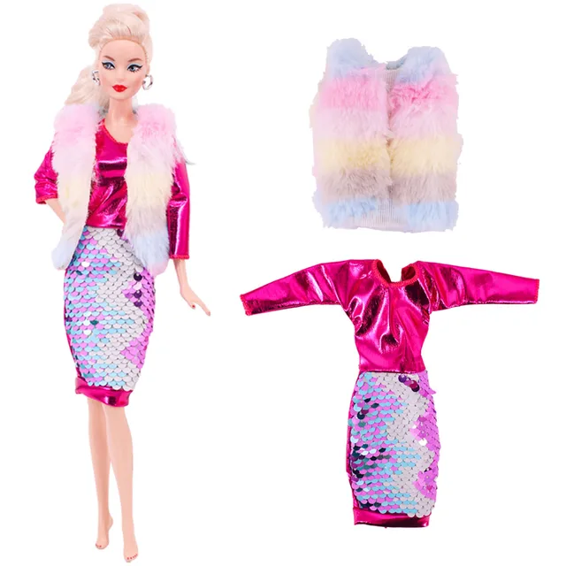 Barbies Doll Clothes 2PcsPlush Coat Jacket+ Dress Skirt/ Pants Clothing