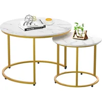 2-piece Nested Table Set, Living Room Circular Coffee Table with Golden Metal Frame, Marble Patterned Nested Table 1