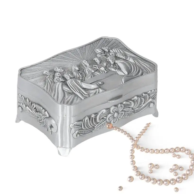 Vintage Metal Jewelry Storage Box with Last Supper Design